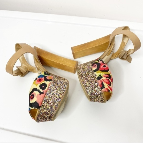 Steve Madden Jillyy Floral Glitter Wood Platforms Size 9 - Picture 3 of 6